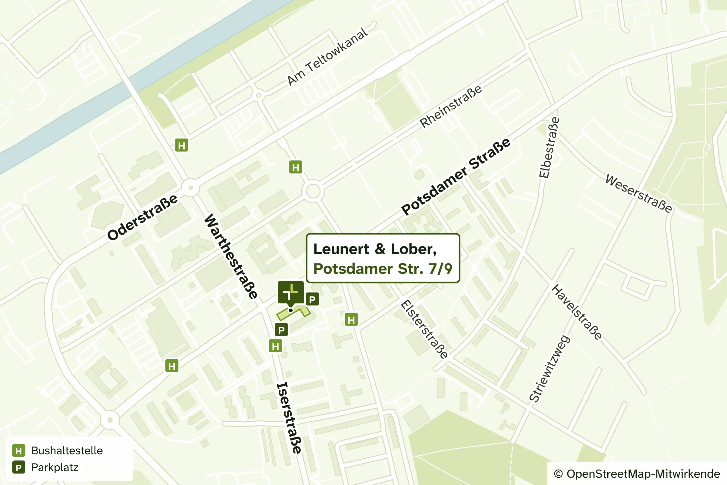 Lageplan der Praxis Leunert & Lober an der Potsdamer Straße 7/9 in Teltow