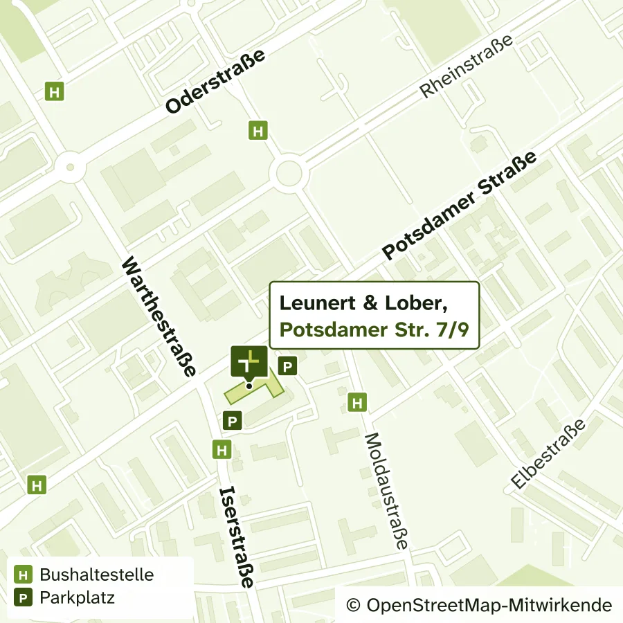 Lageplan der Praxis Leunert & Lober an der Potsdamer Straße 7/9 in Teltow